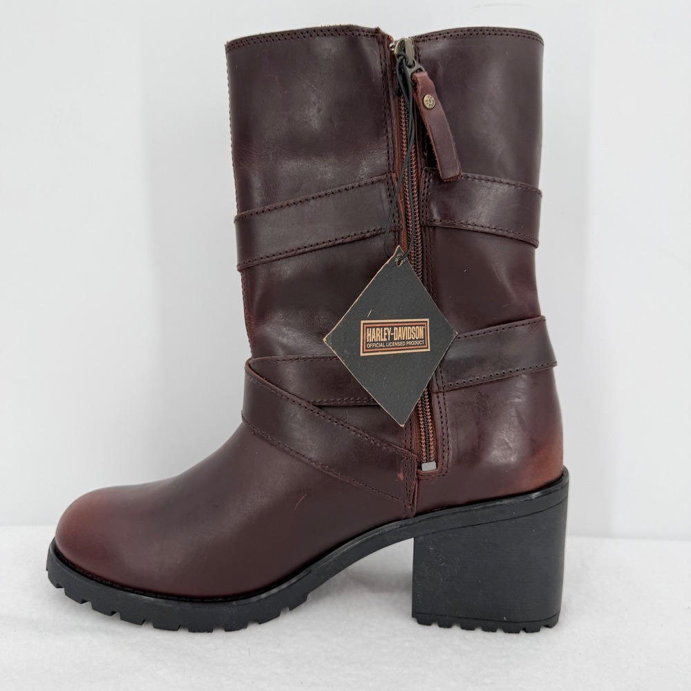 New With Scratches Harley Davidson Women Burgundy Leather Moto Boot 8.5 Mid Calf